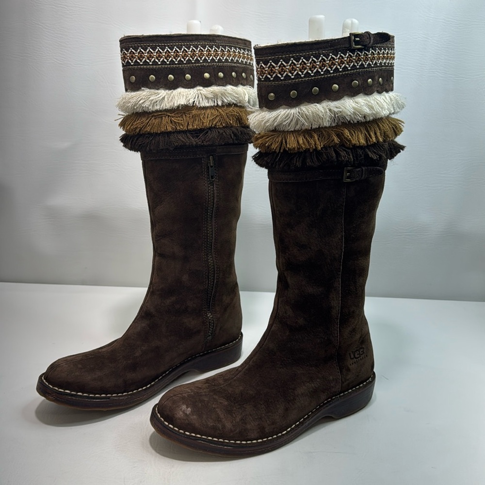 UGG AUSTRALIA Brown Tall Suede Sheepskin Boots Fringe Native Style
